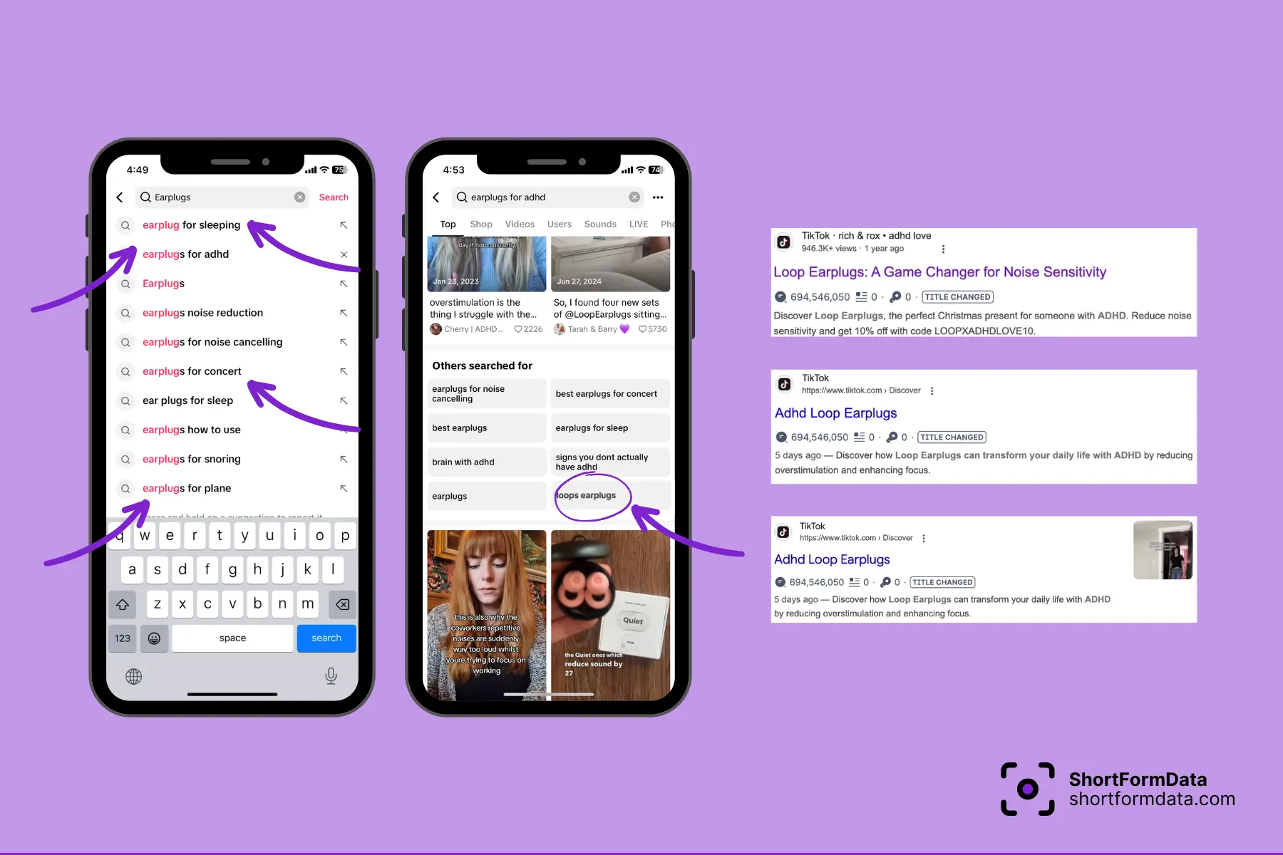 Screenshot of tiktok search results for Loop Earplugs related searches as well as Google top results for similar queries