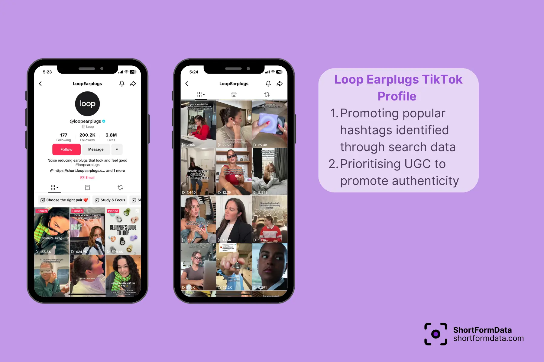 Screenshot of tiktok profile of Loops Earplugs with focus on UGC content