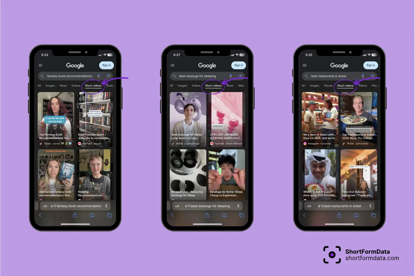Screenshot of new Google feature that allows you to filter search results in form of short form videos